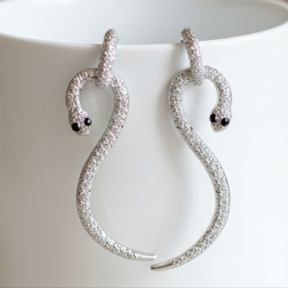 Snake Earrings, Long Dangle Earrings, Silver Color Snake Earrings